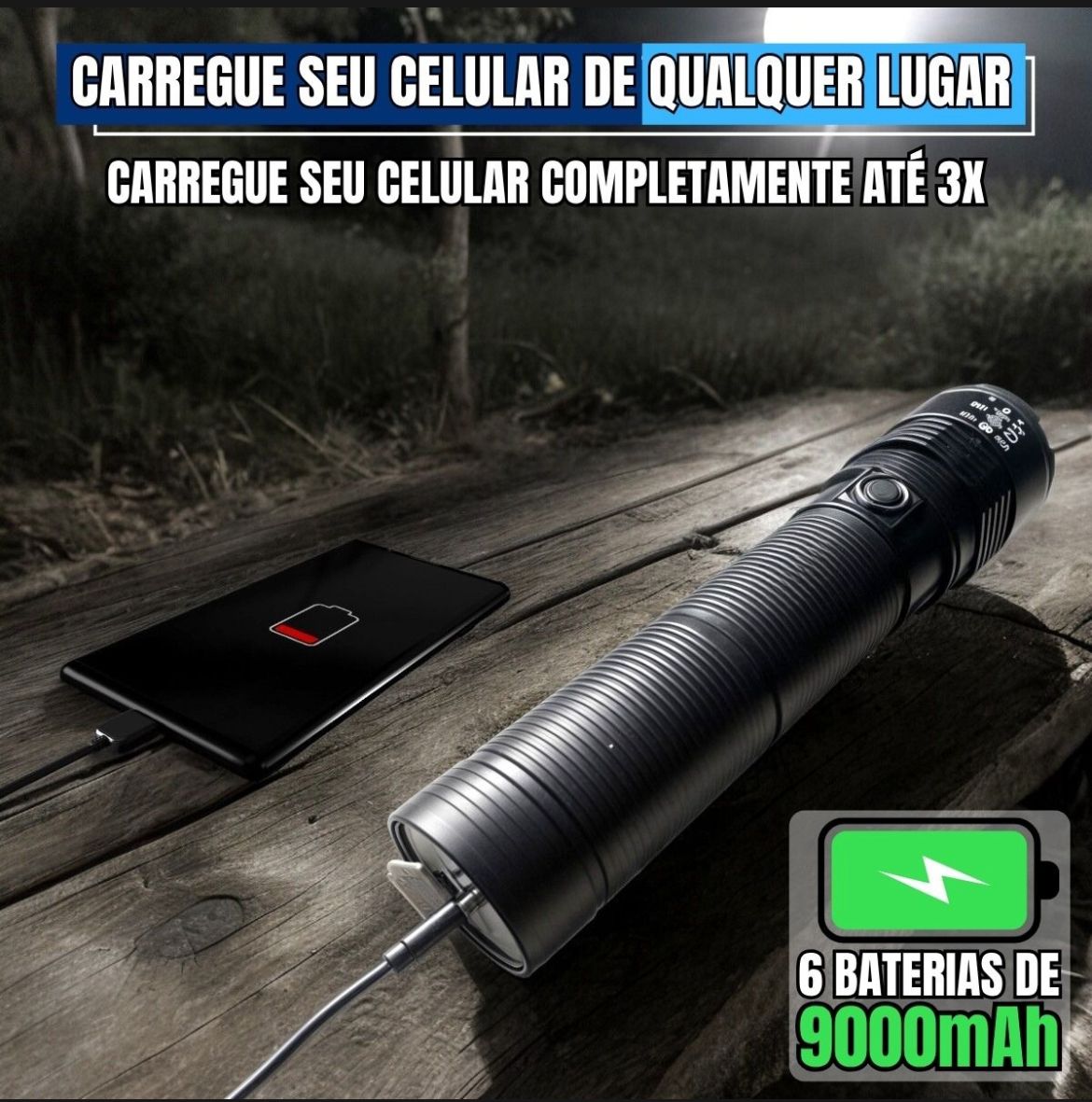 Lanterna carregando um celular via USB